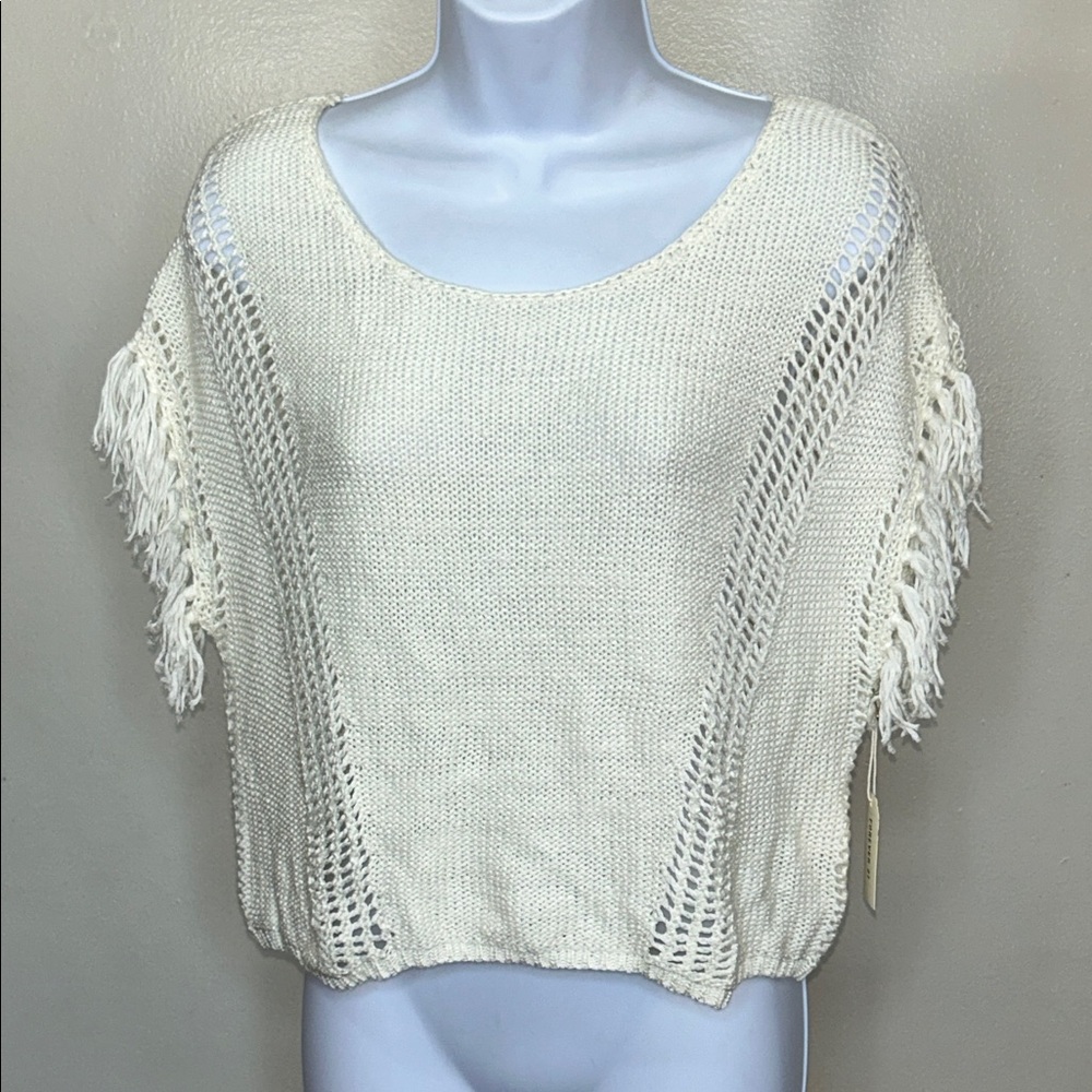 Forever 21 Cream Open-Knit Fringe Scoop Neck Sweater